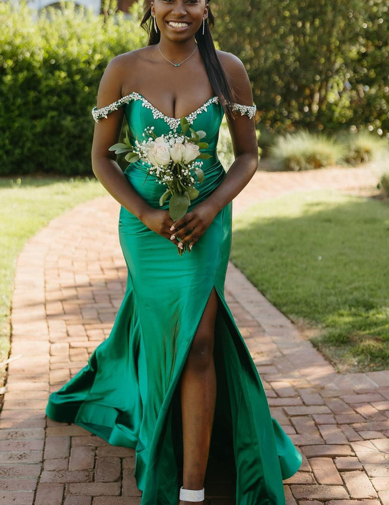 Bellamy | Off the Shoulder Beaded Blue Mermaid Prom Dress with Slit