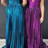 Peacock Blue Halter Neck A-Line Long Prom Dress With Split