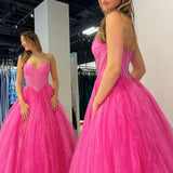 Strapless Beaded Ball Gown with Slit in Hot Pink