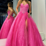 Strapless Beaded Ball Gown with Slit in Hot Pink