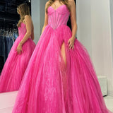 Strapless Beaded Ball Gown with Slit in Hot Pink