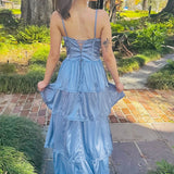 Periwinkle Corset Multi-Layer Ruffle Long Prom Dress