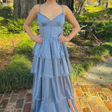 Periwinkle Corset Multi-Layer Ruffle Long Prom Dress