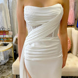 Strapless Beaded Ruched Maxi Dress with Attached Train