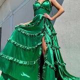 Green V-Neck Backless Ruffle A-Line Prom Gown with Slit