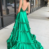 Green V-Neck Backless Ruffle A-Line Prom Gown with Slit