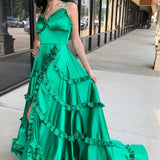 Green V-Neck Backless Ruffle A-Line Prom Gown with Slit