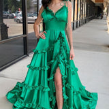 Green V-Neck Backless Ruffle A-Line Prom Gown with Slit