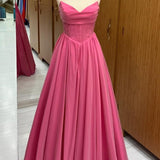 Hot Pink Strapless Lace-Up A-Line Long Formal Dress