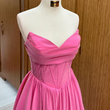 Hot Pink Strapless Lace-Up A-Line Long Formal Dress