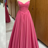 Hot Pink Strapless Lace-Up A-Line Long Formal Dress