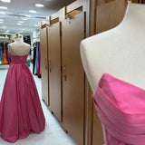 Hot Pink Strapless Lace-Up A-Line Long Formal Dress