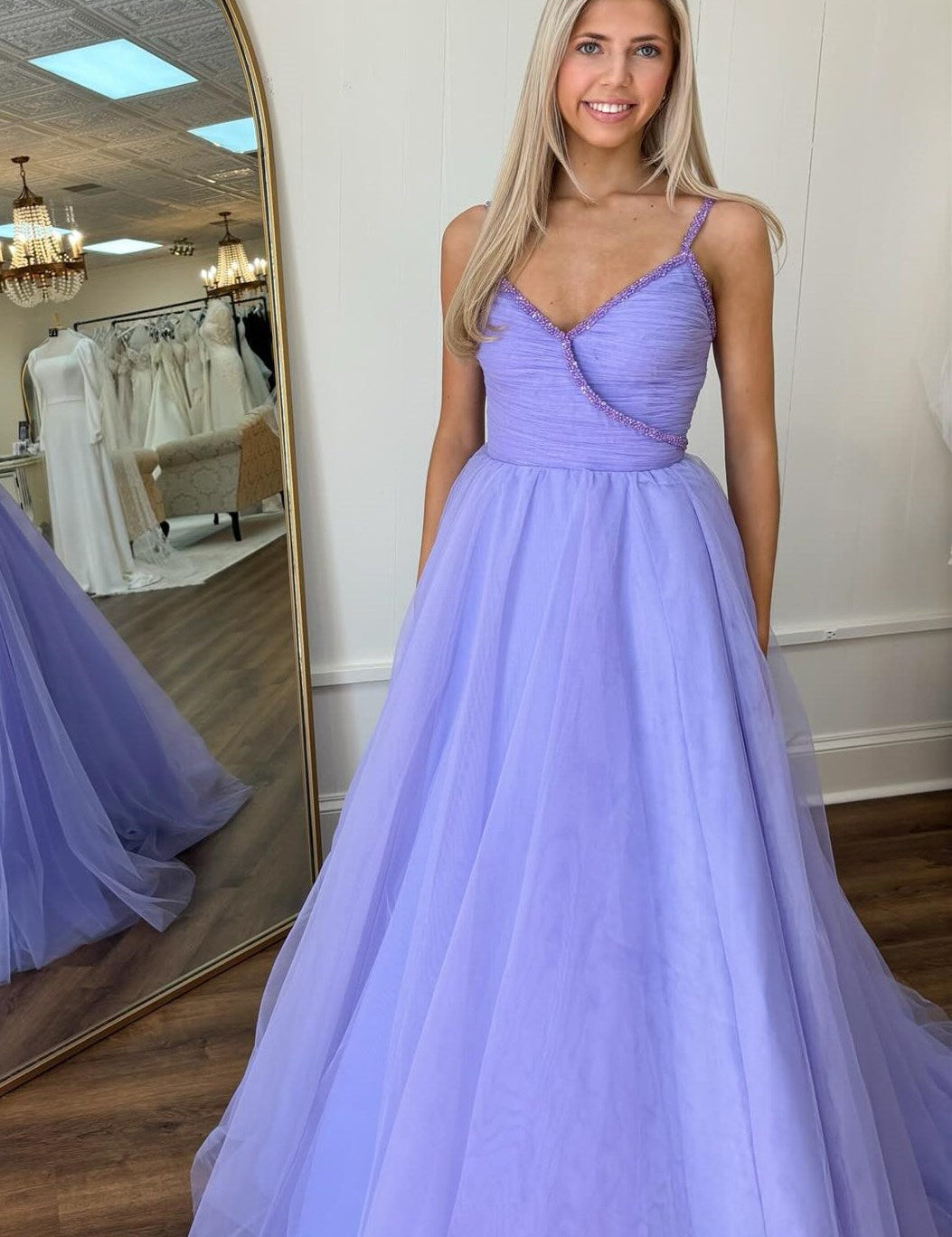 Lavender Beaded Surplice Tulle Prom Dress