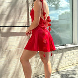 Red Backless Short Dress with Rosette Embellished Straps