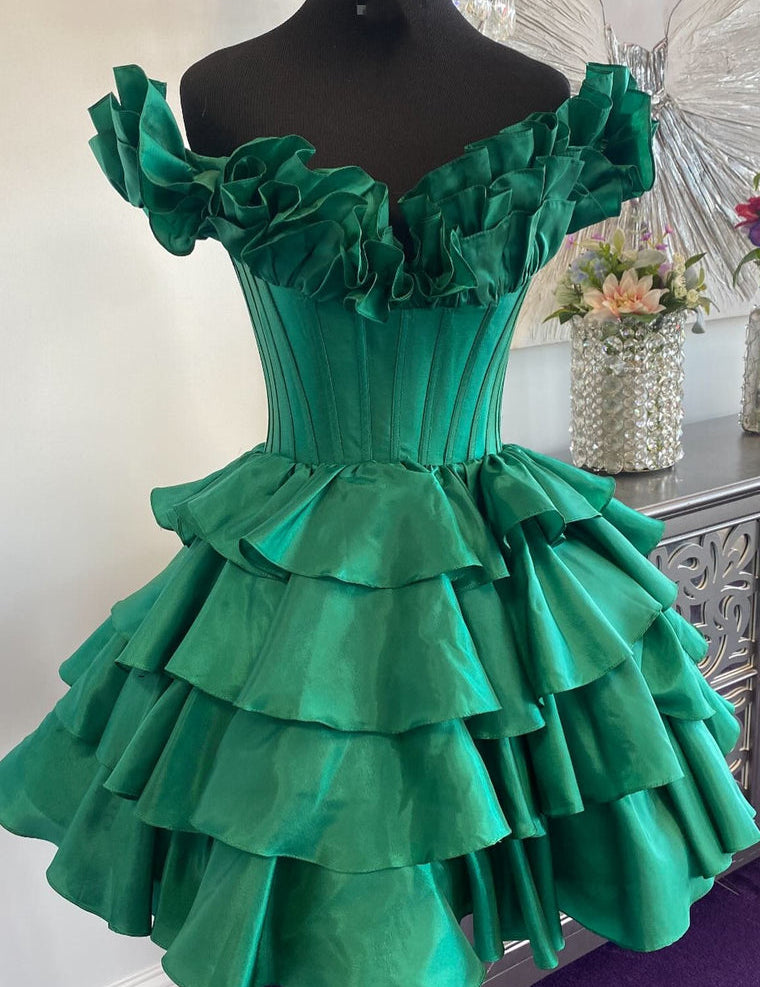 A-Line Off-the-Shoulder Corset Ruffle Tiered Homecoming Dress