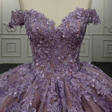 Quinceanera Purple  Off-the-Shoulder Ball Gown Flower Dress