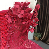 Red Quinceanera Dress Ball Gown Sequined Flowers