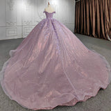 Quinceanera Purple  Off-the-Shoulder Ball Gown Flower Dress