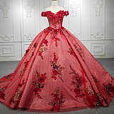 Red Flower  Off-the-Shoulder Quinceañera Dress