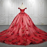 Red Flower  Off-the-Shoulder Quinceañera Dress