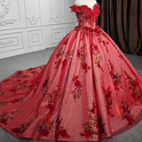 Red Flower  Off-the-Shoulder Quinceañera Dress