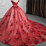 Red Flower  Off-the-Shoulder Quinceañera Dress