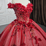 Red Flower  Off-the-Shoulder Quinceañera Dress