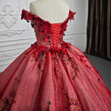 Red Flower  Off-the-Shoulder Quinceañera Dress