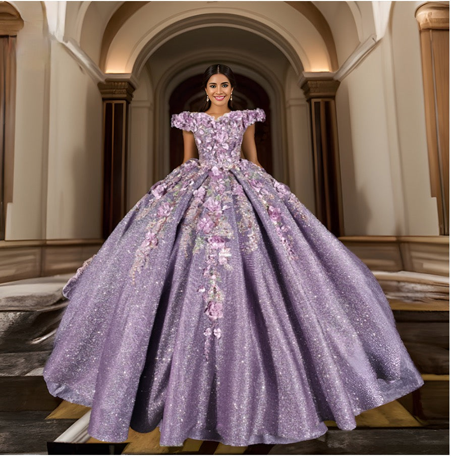 Purple Floral A Line Sequined Party Ball Gown