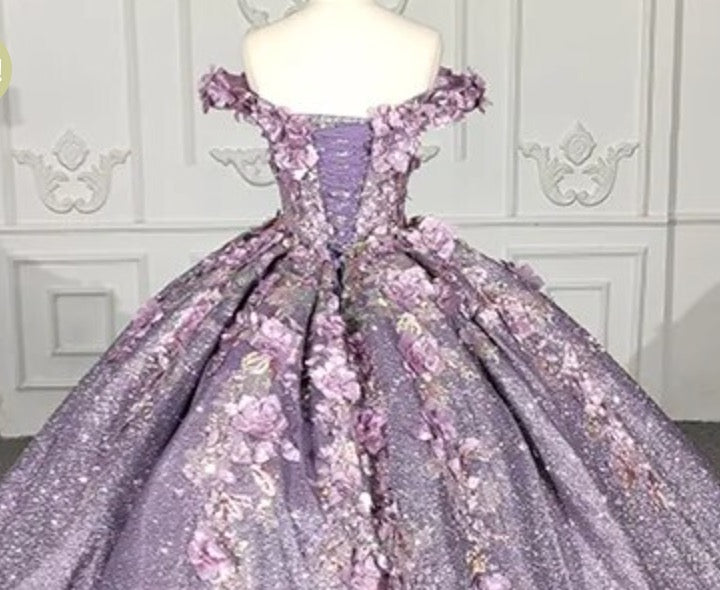 Purple Floral A Line Sequined Party Ball Gown