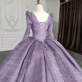 Purple Long Sleeve Full Gather Skirt A Line Party Ball Gown