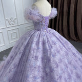 Quinceañera lace  Off-the-Shoulder Ball Gown Purple Sequined Dress