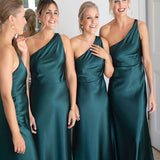 Sheath One Shoulder Silk Satin Sleeveless Long Bridesmaid Dress