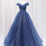 Shiny Off Shoulder Navy Blue Tulle Long Prom Dresses Navy Blue Formal Graduation Evening Dresses