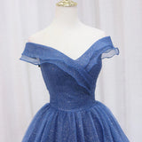 Shiny Off Shoulder Navy Blue Tulle Long Prom Dresses Navy Blue Formal Graduation Evening Dresses