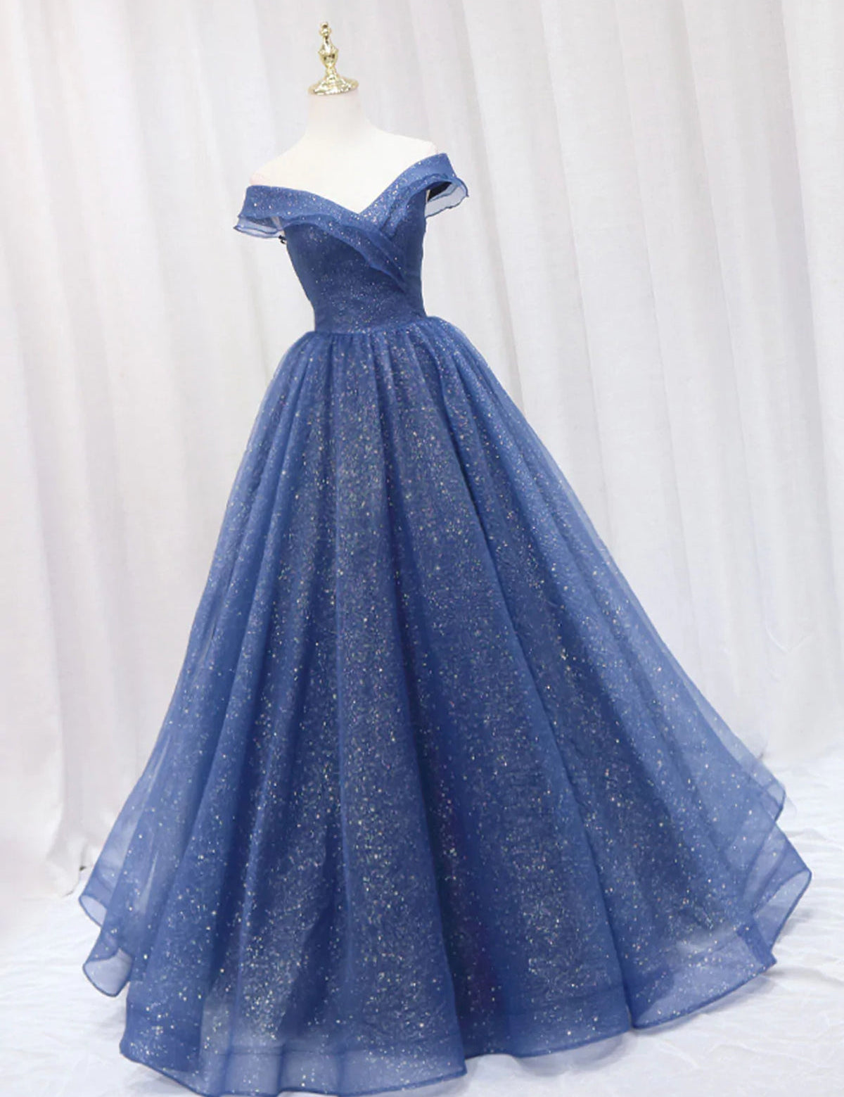 Shiny Off Shoulder Navy Blue Tulle Long Prom Dresses Navy Blue Formal Graduation Evening Dresses