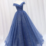 Shiny Off Shoulder Navy Blue Tulle Long Prom Dresses Navy Blue Formal Graduation Evening Dresses