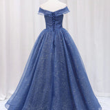 Shiny Off Shoulder Navy Blue Tulle Long Prom Dresses Navy Blue Formal Graduation Evening Dresses