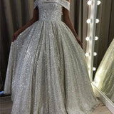 Shiny Silver Sequin A-Line Wedding Dresses Off the Shoulder