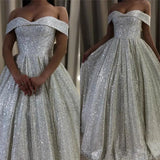 Shiny Silver Sequin A-Line Wedding Dresses Off the Shoulder