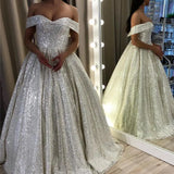 Shiny Silver Sequin A-Line Wedding Dresses Off the Shoulder