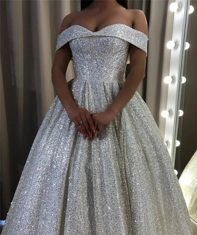 Shiny Silver Sequin A-Line Wedding Dresses Off the Shoulder