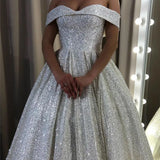 Shiny Silver Sequin A-Line Wedding Dresses Off the Shoulder