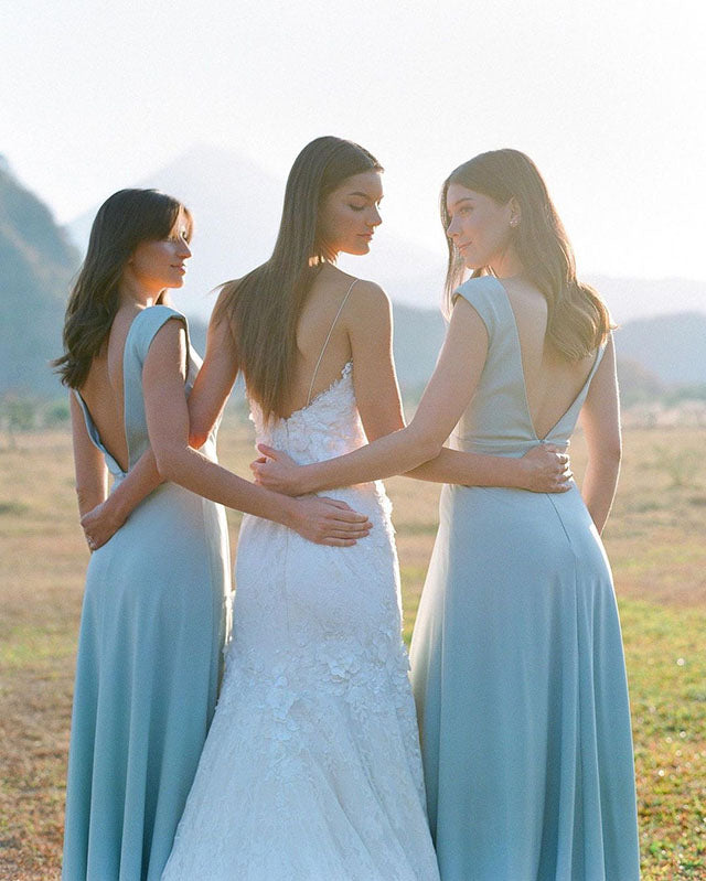 Simple A Line  Chiffon V Neck Blue Sleeveless Long Bridesmaid Dresses