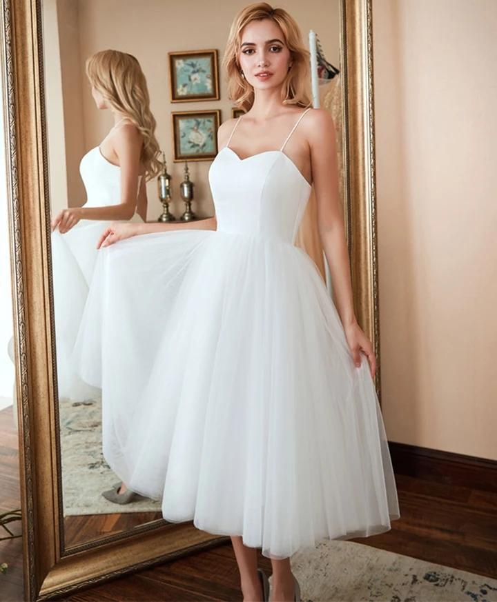 A-Line Spaghetti Straps White Satin Tulle Tea-Length Wedding Dresses