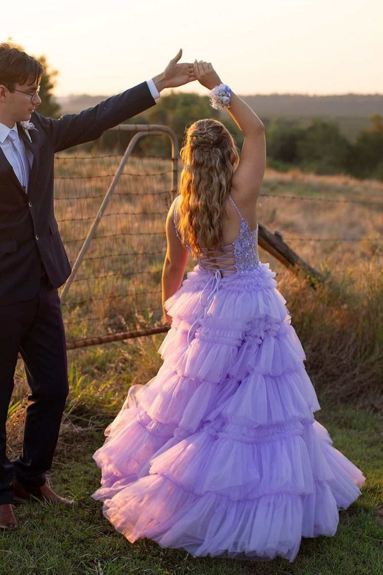 Hadlee | Black Beaded Spaghetti Strap Ruffle Tiered Ball Gown