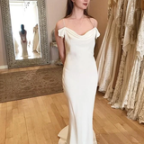 White Spaghetti Straps Long Sheath Satin Wedding Dresses