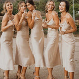 Simple Spaghetti Straps Silk Satin Bridesmaid Dresses Open Back