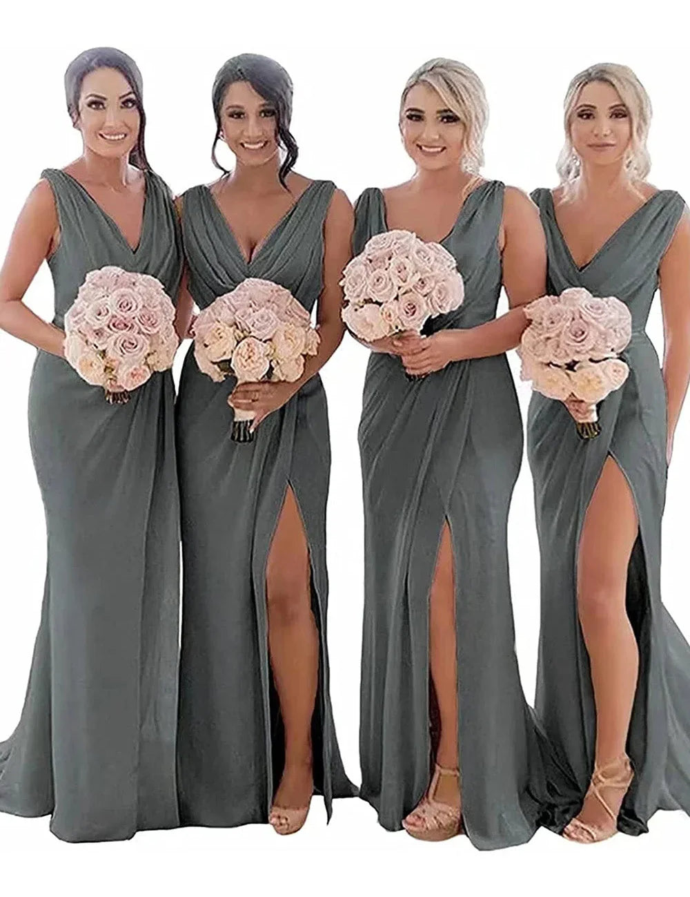 Rust Sheath Chiffon Ruched Long Bridesmaid Dress with Slit