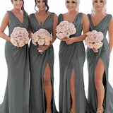 Rust Sheath Chiffon Ruched Long Bridesmaid Dress with Slit